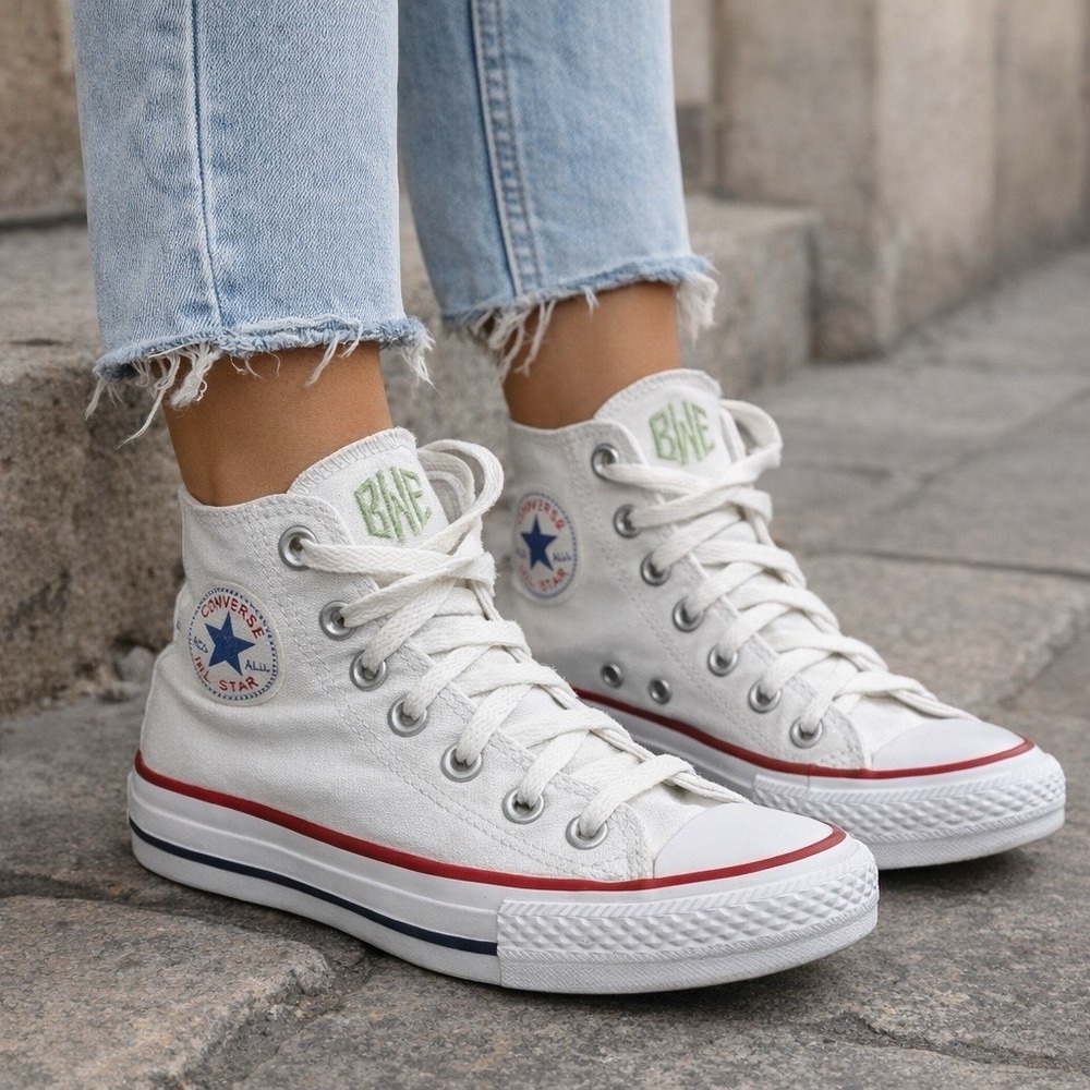 Converse Chuck Taylor Hi Top Shoe White Red Stripe Women 5.5 Men 3.5 Monogram